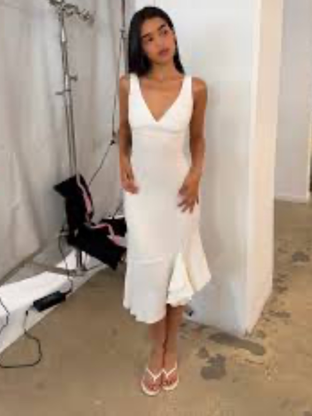 Lulu's White V-Neck Midi Dress with Flounce Hem - Picture 3 of 3